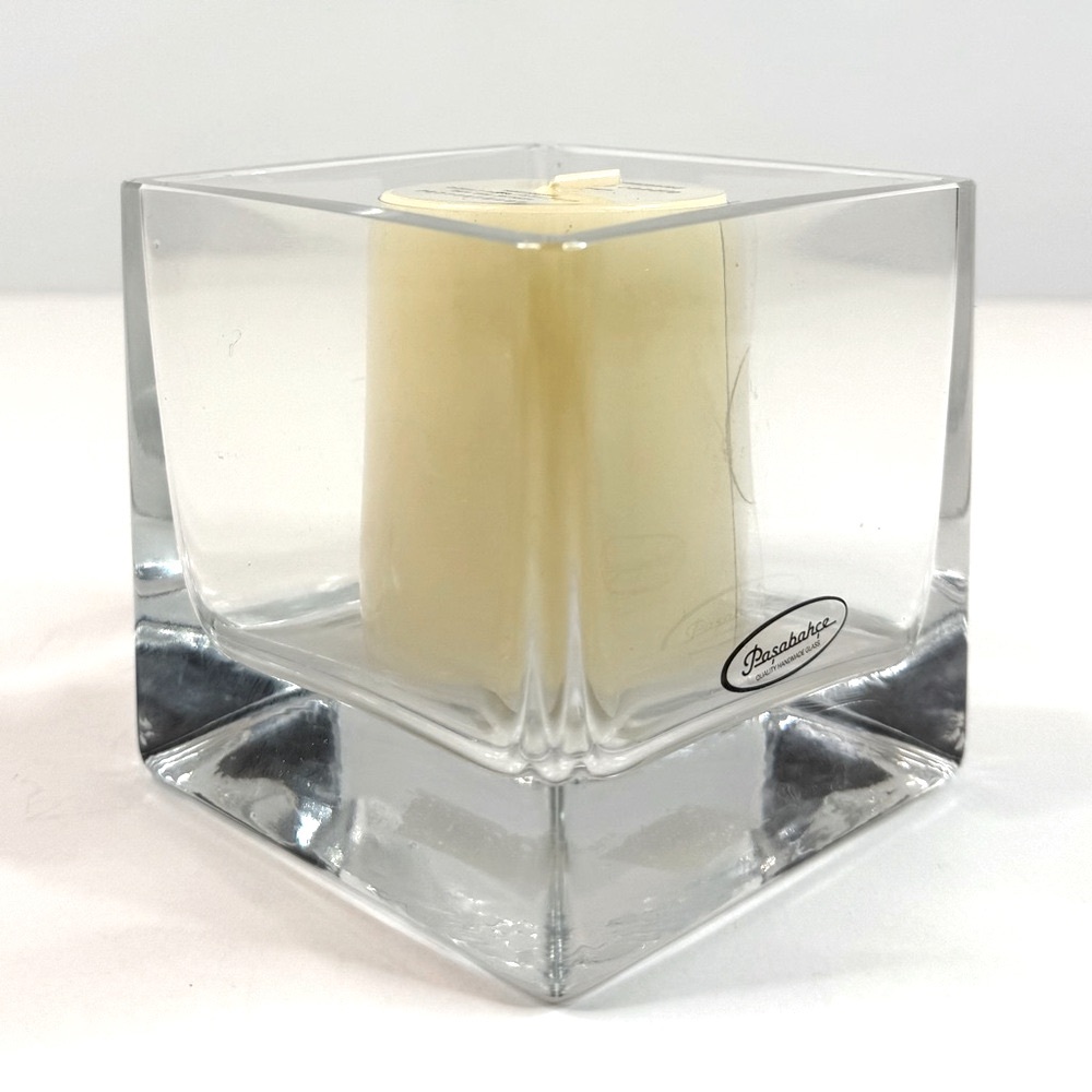 Pottery Barn Glass Candle Holder with Unscented Cream Candle NEW